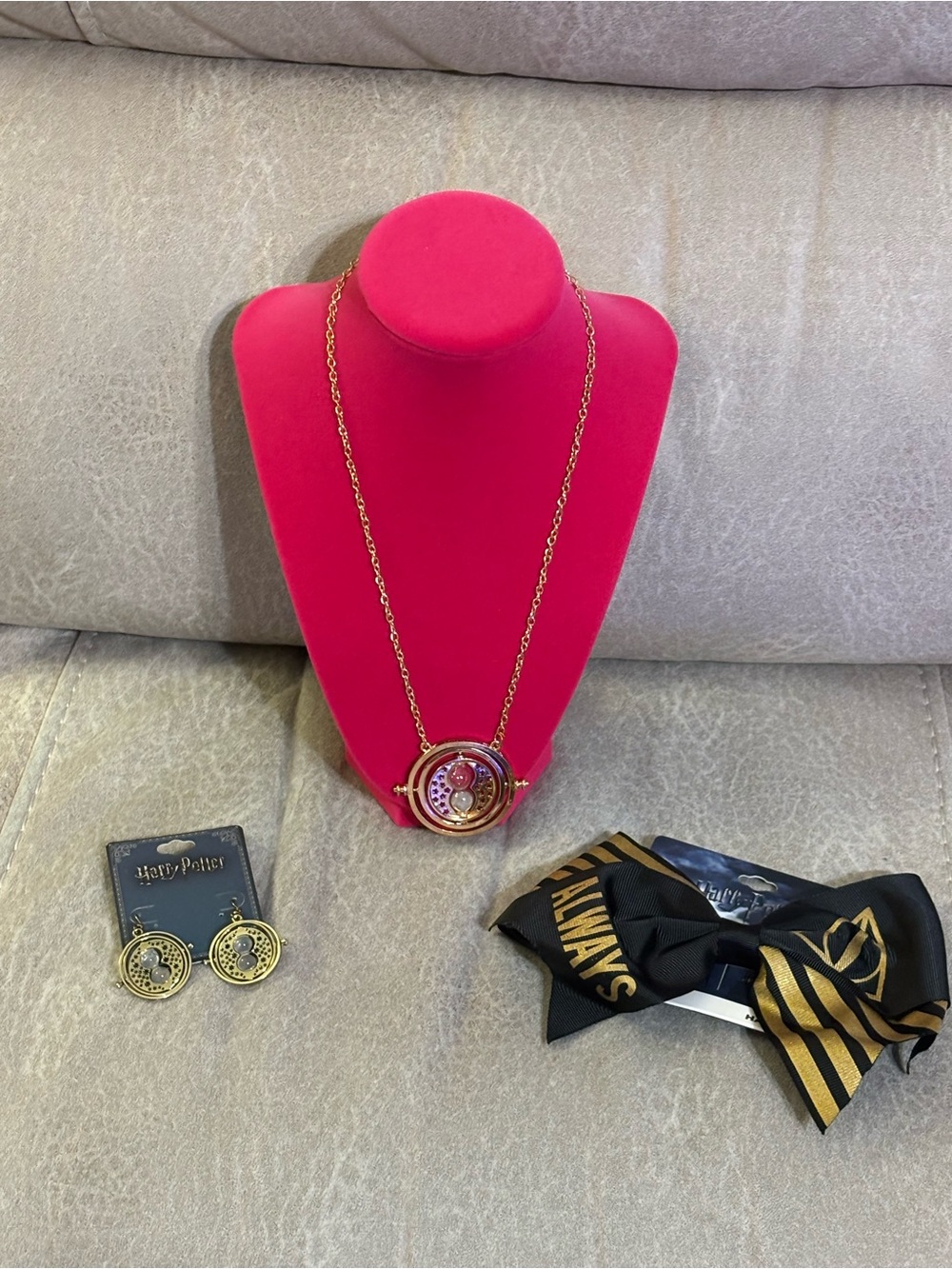 Lot of Harry Potter Accessories: Time Turner Necklace and Earrings with Bow